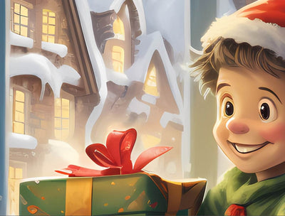 Illuminated Artwork Christmas Illustration "Boy with Presents" with Personalisation