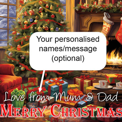 Illuminated Artwork Christmas Illustration "Christmas Tree and Fire" with Personalisation