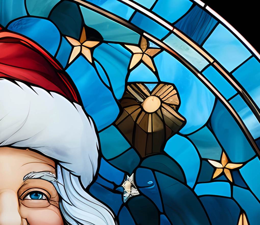 Illuminated Artwork Christmas Illustration "Stained Glass Santa" with Personalisation