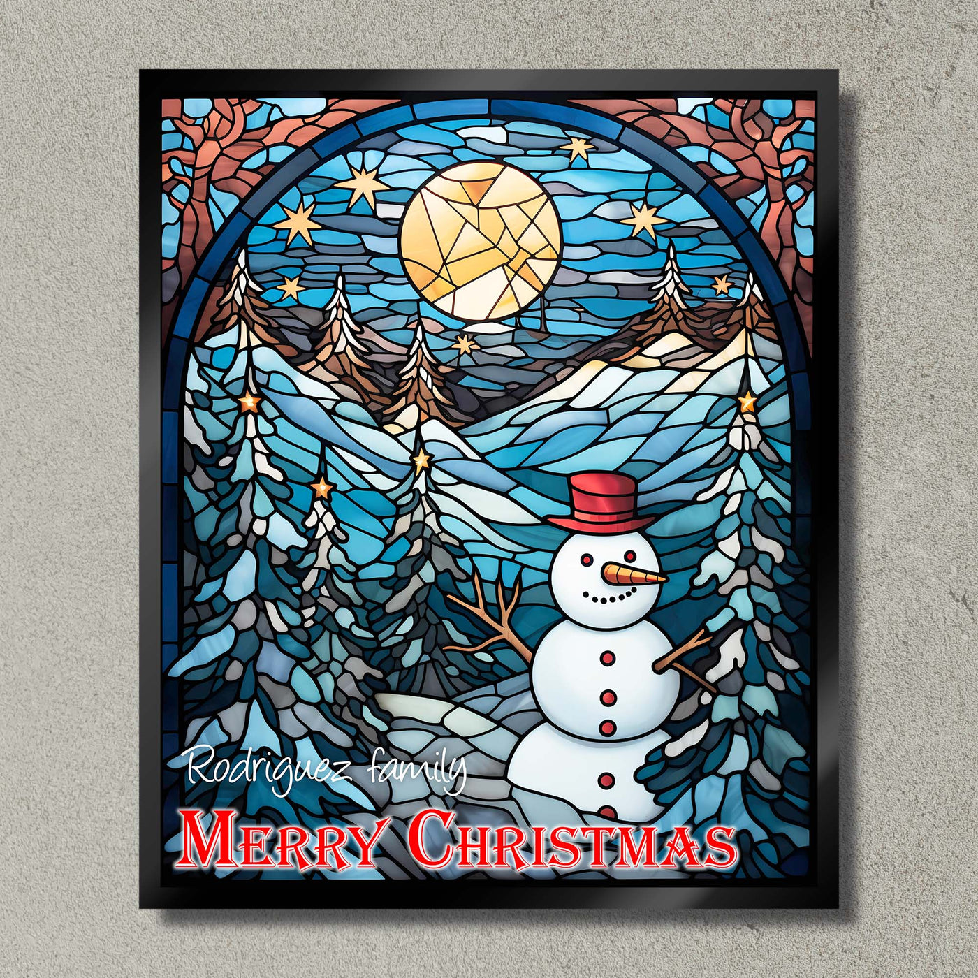 Illumingtated artwork of a snowman Christmas scene