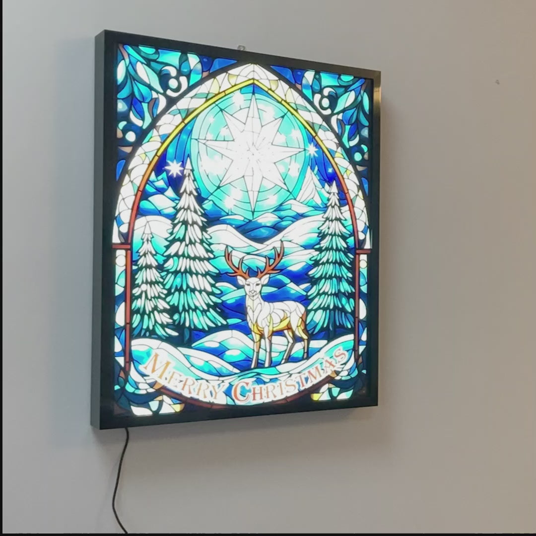 Illuminated Artwork Christmas Illustration "Stained Glass Reindeer" with Personalisation